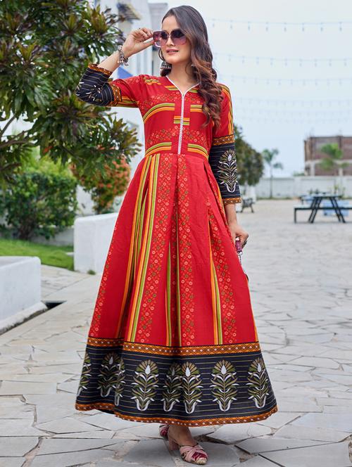 women printed three quarter sleeve anarkali kurta - 22014341 - Standard Image - 0