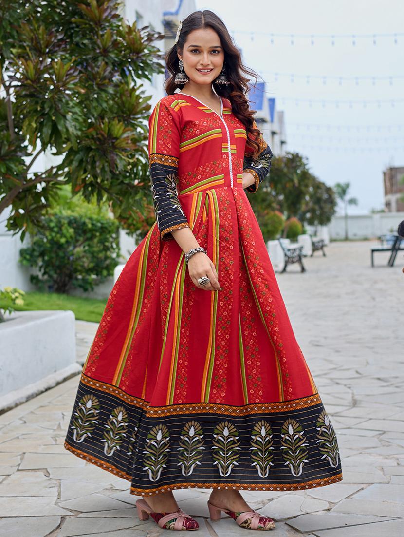women printed three quarter sleeve anarkali kurta - 22014341 - Standard Image - 1