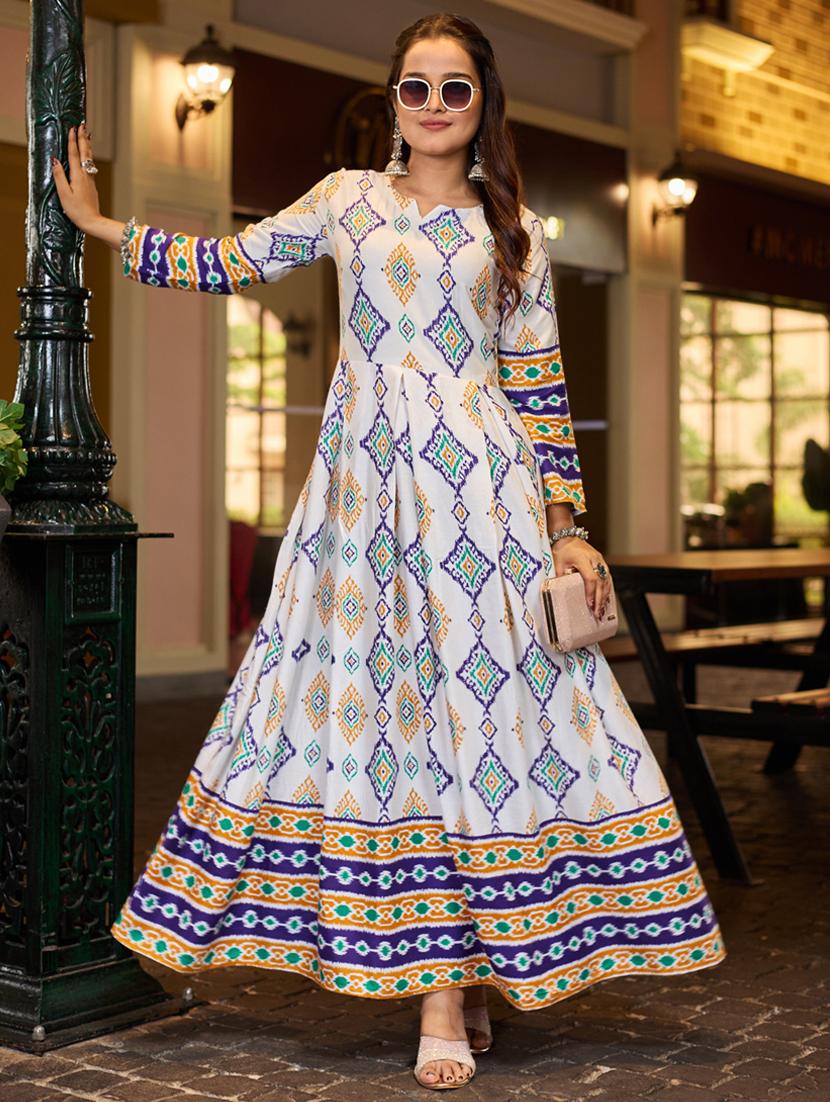 women printed three quarter sleeve anarkali kurta - 22014342 - Standard Image - 4