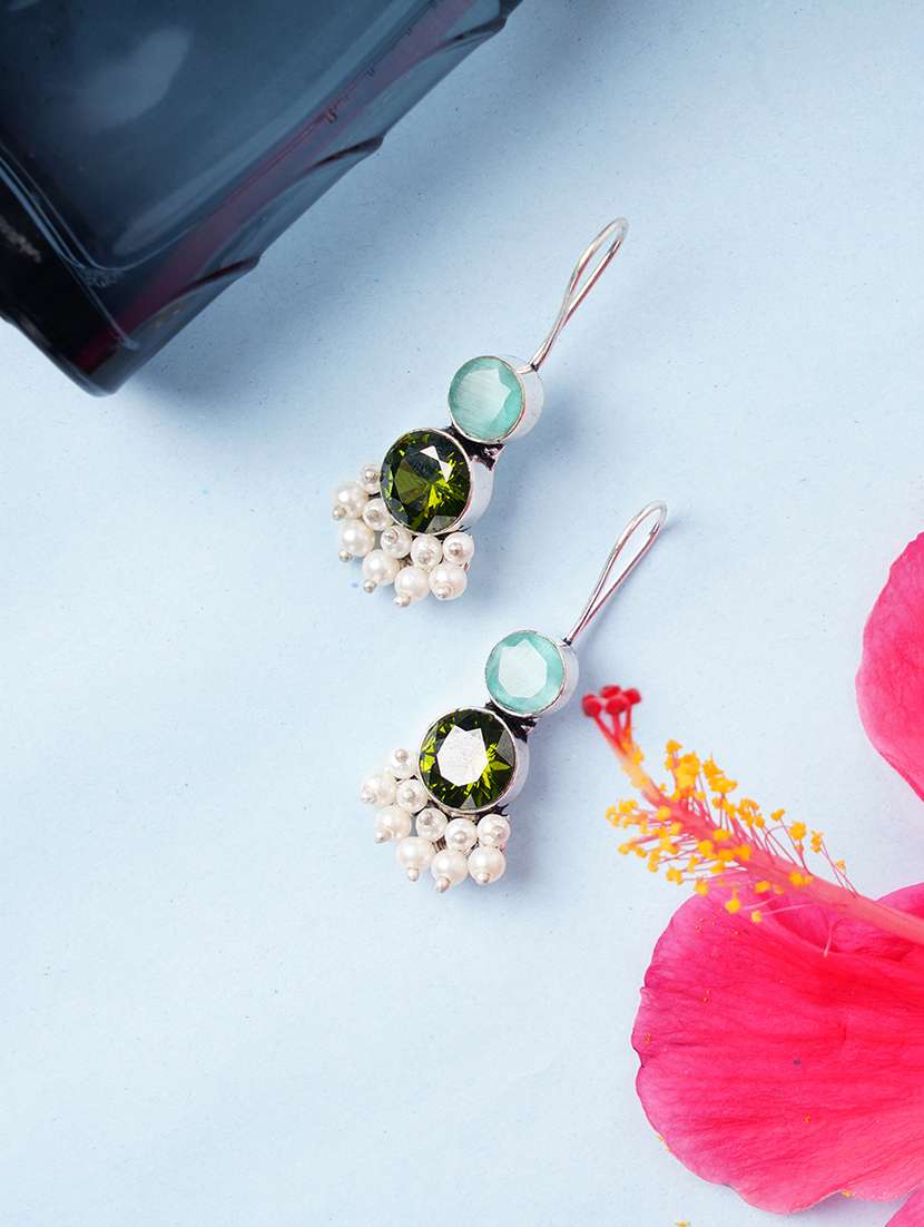 green & silver toned classic design crystal drop earrings