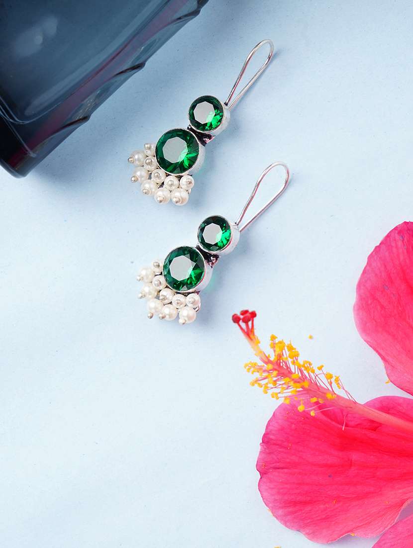 green & silver toned classic design crystal drop earrings