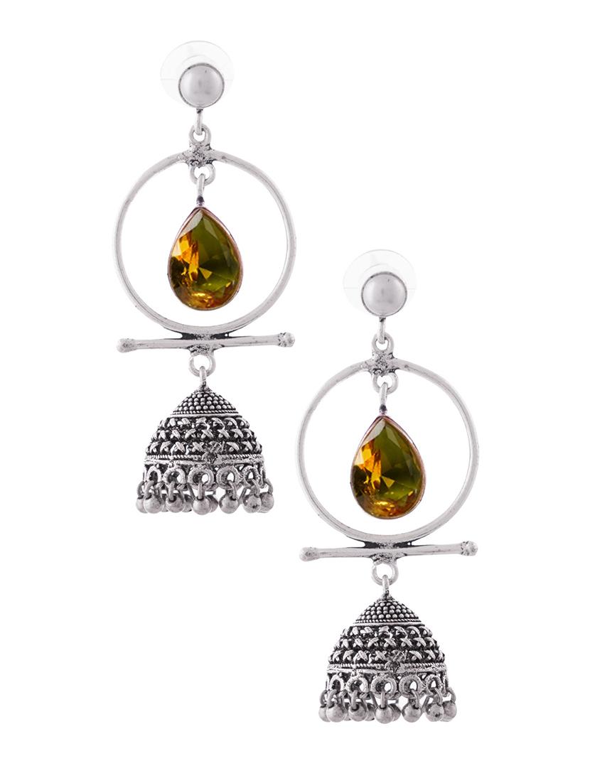 yellow & silver toned classic design crystal drop jhumki - 22014460 -  Standard Image - 1