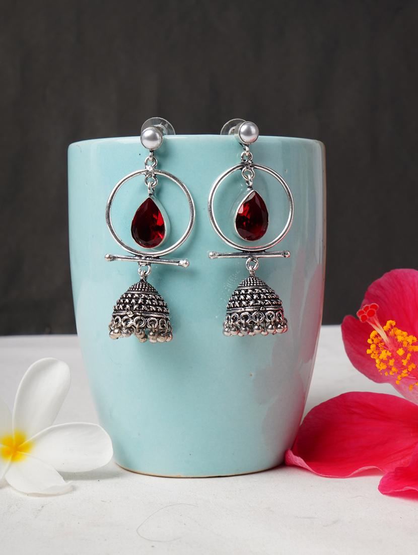red & silver toned classic design crystal drop jhumki - 22014461 -  Zoom Image - 0