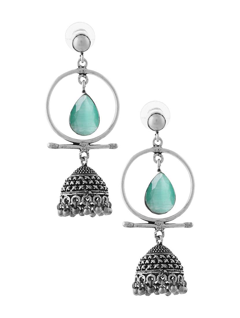 green & silver toned classic design crystal drop jhumki - 22014463 - Standard Image - 1