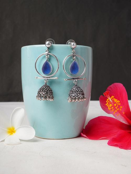 blue & silver toned classic design crystal drop jhumki - 22014466 - Standard Image - 0