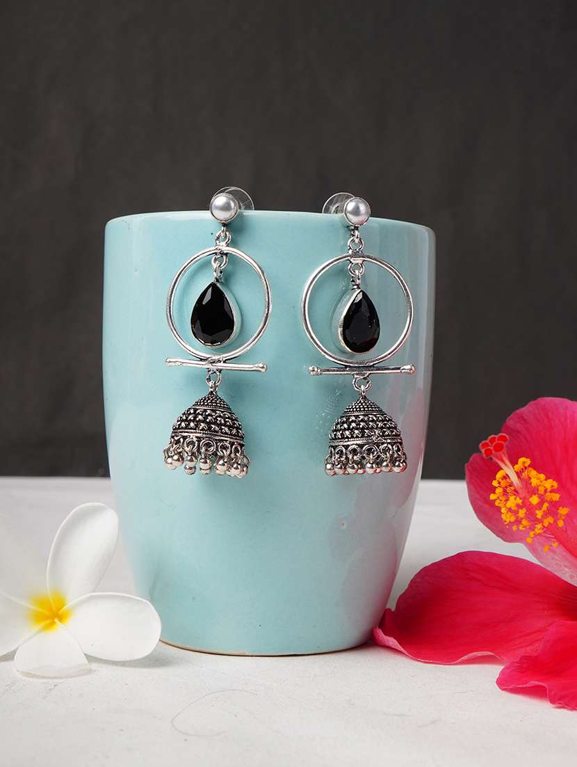 black & silver toned classic design crystal drop jhumki