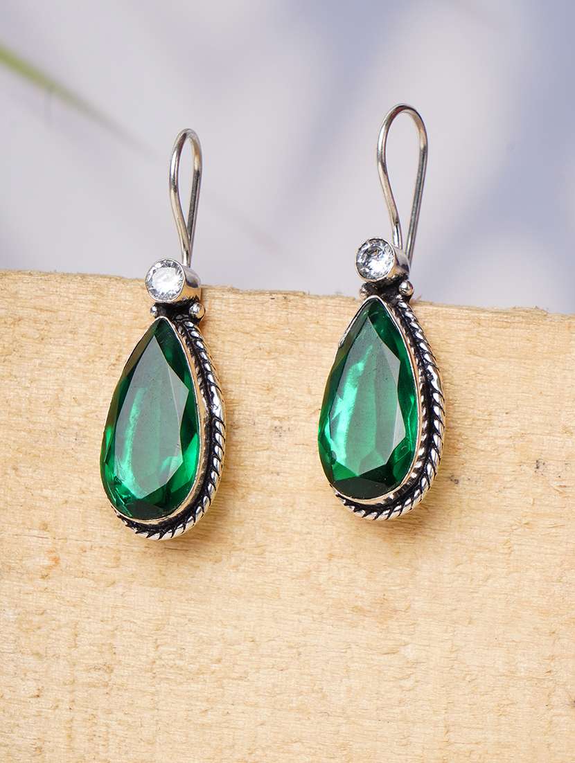 green & silver toned classic design crystal drop earrings