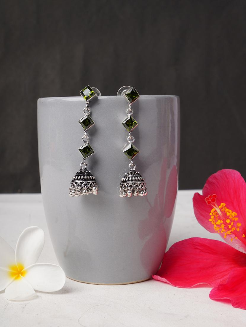 green & silver toned classic design crystal drop jhumki - 22014486 - Zoom Image - 0