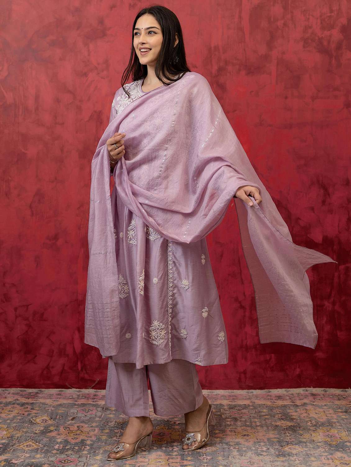 women three quarter sleeve kurta palazzo with dupatta set - 22014544 -  Standard Image - 1