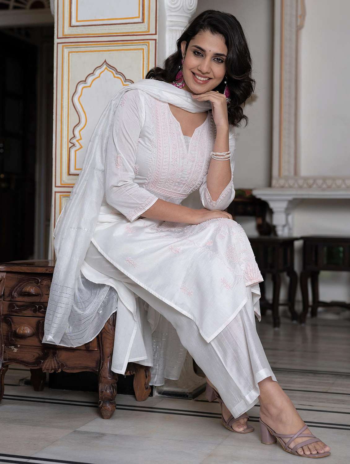 women three quarter sleeve kurta palazzo with dupatta set - 22014546 -  Standard Image - 1