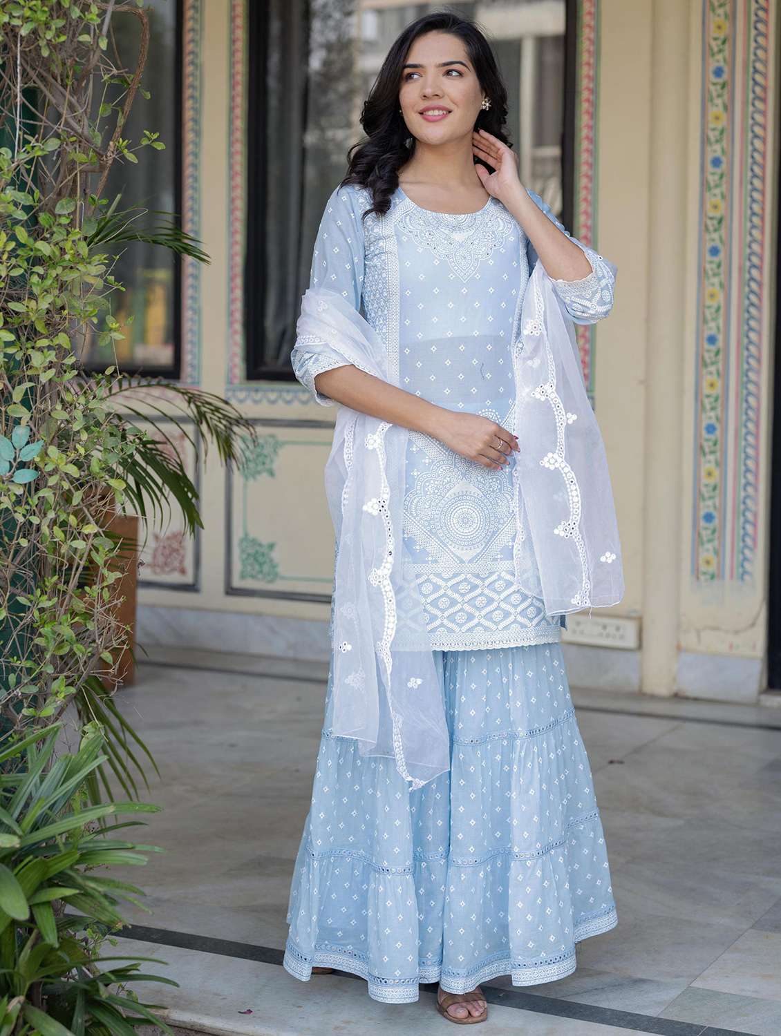 women three quarter sleeve kurta sharara with dupatta set