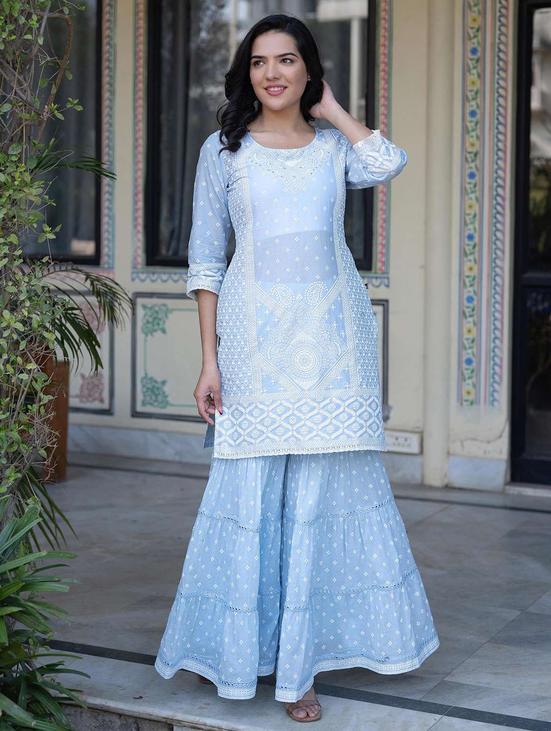 women three quarter sleeve kurta sharara with dupatta set - 22014571 - Standard Image - 1