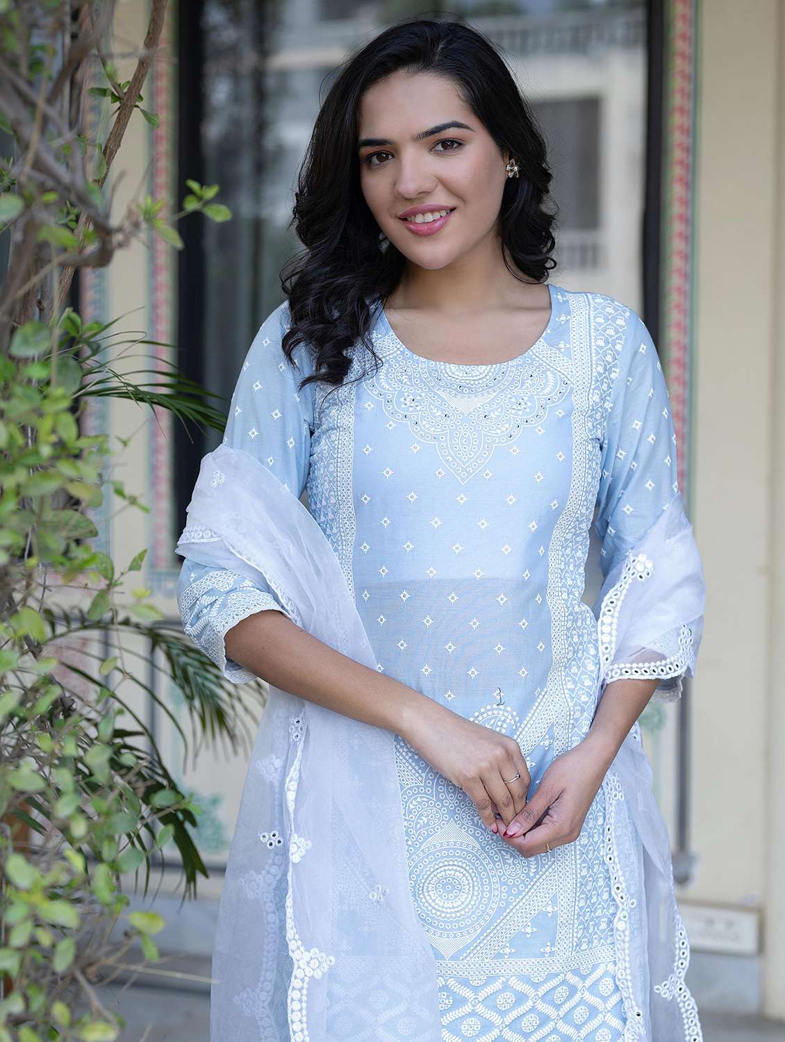women three quarter sleeve kurta sharara with dupatta set - 22014571 - Standard Image - 4