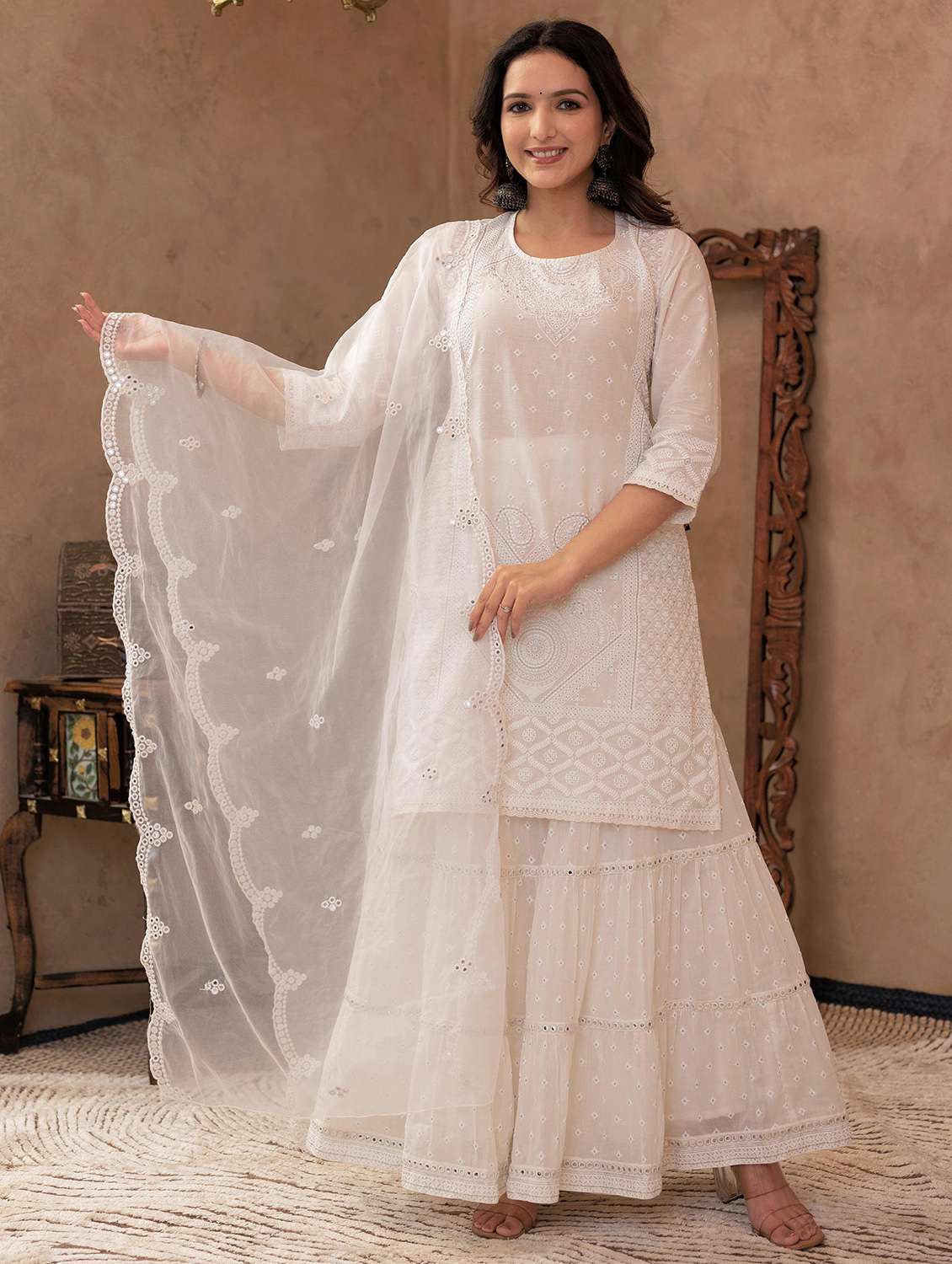 women three quarter sleeve kurta sharara with dupatta set