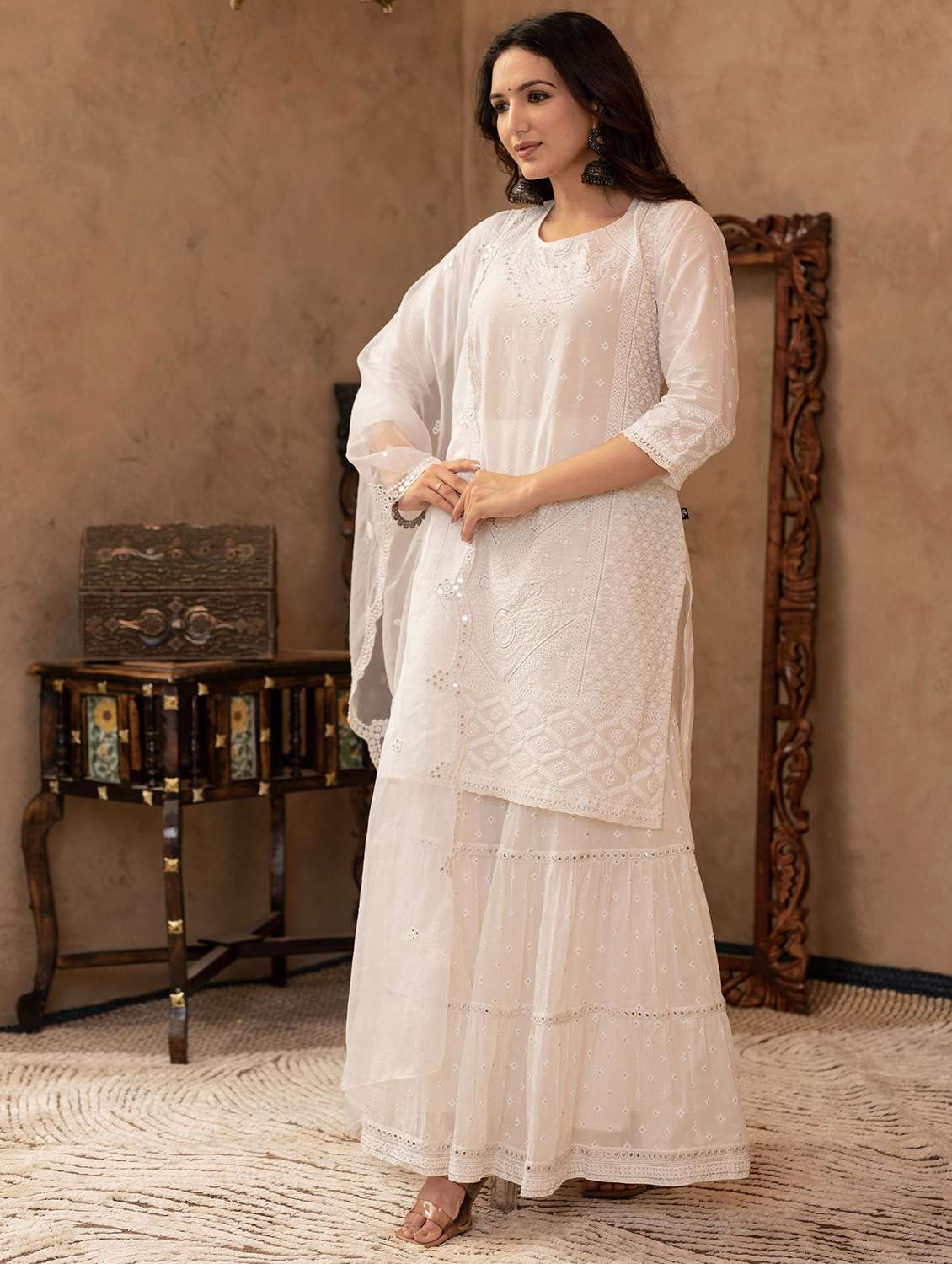 women three quarter sleeve kurta sharara with dupatta set - 22014572 - Standard Image - 1