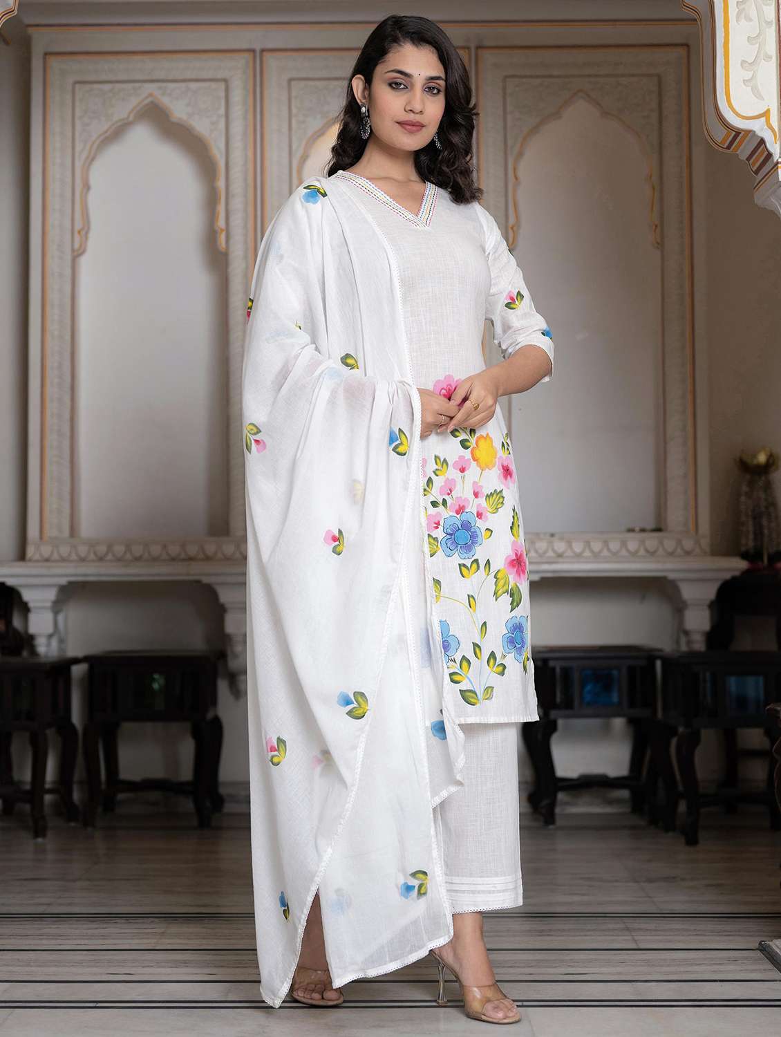 women three quarter sleeve kurta pant with dupatta set - 22014574 - Standard Image - 1