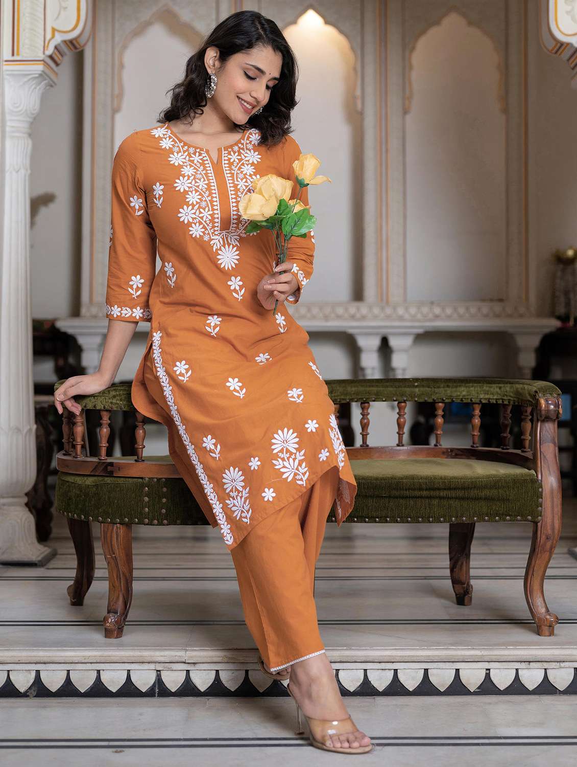 women embroidered three quarter sleeve kurta palazzo set - 22014583 - Standard Image - 1