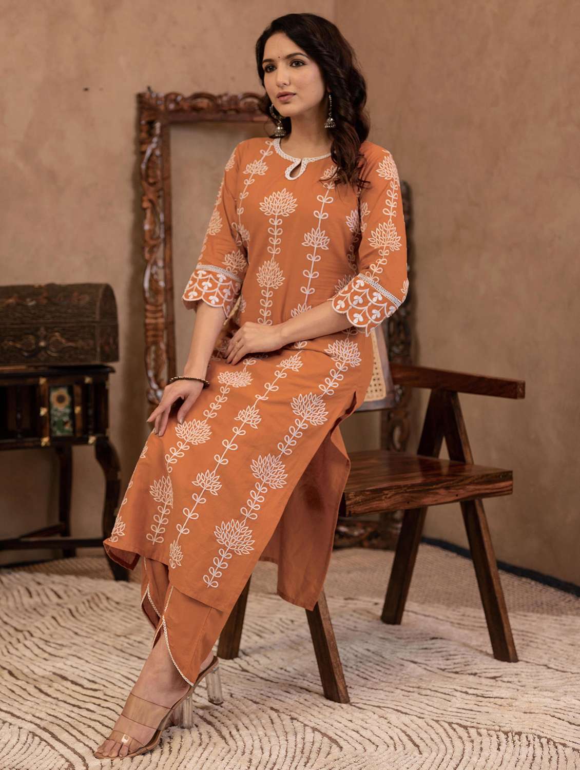 women embroidered three quarter sleeve kurta pant set - 22014591 -  Standard Image - 1