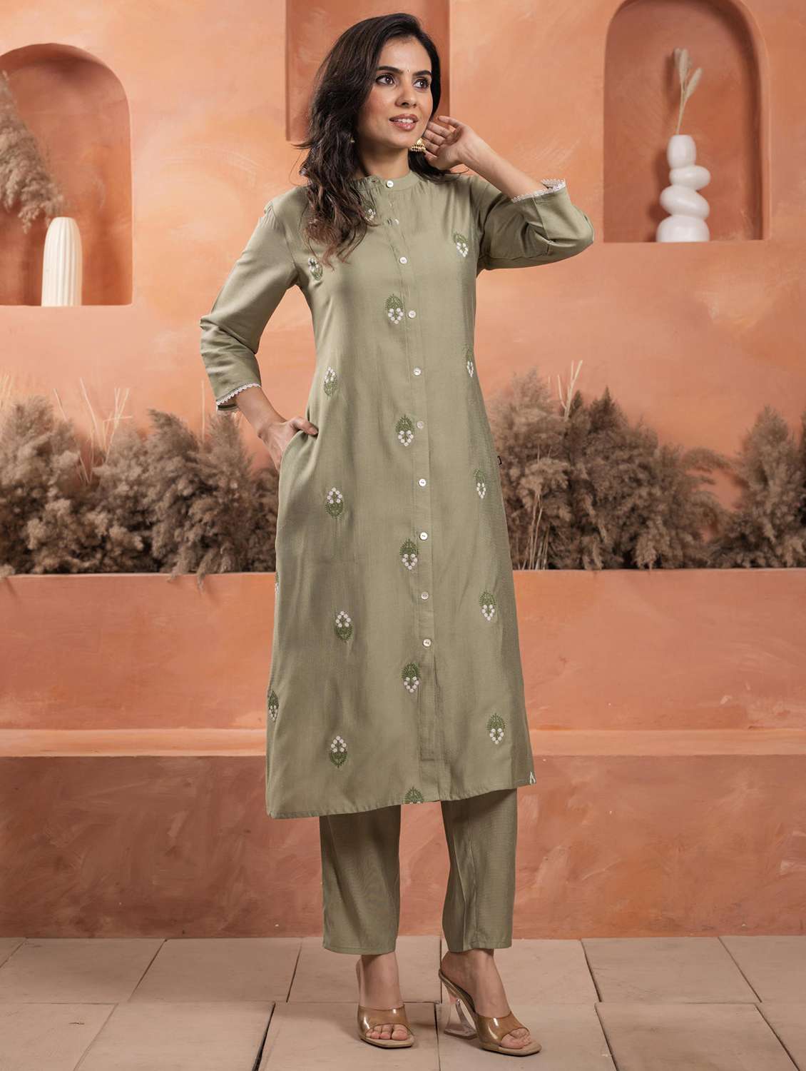 women embroidered three quarter sleeve kurta pant set - 22014595 - Standard Image - 1