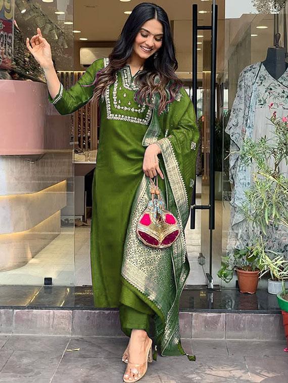 women embroidered three quarter sleeve kurta pant with dupatta set - 22014599 - Standard Image - 1