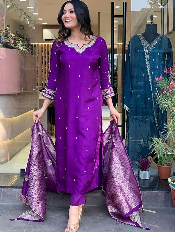 women embroidered three quarter sleeve kurta pant with dupatta set - 22014607 - Standard Image - 1