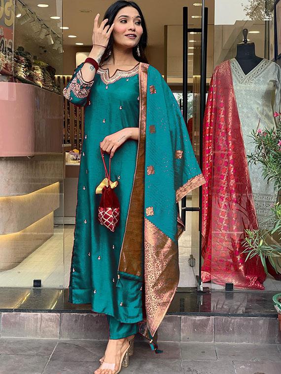 women embroidered three quarter sleeve kurta pant with dupatta set - 22014611 - Standard Image - 1