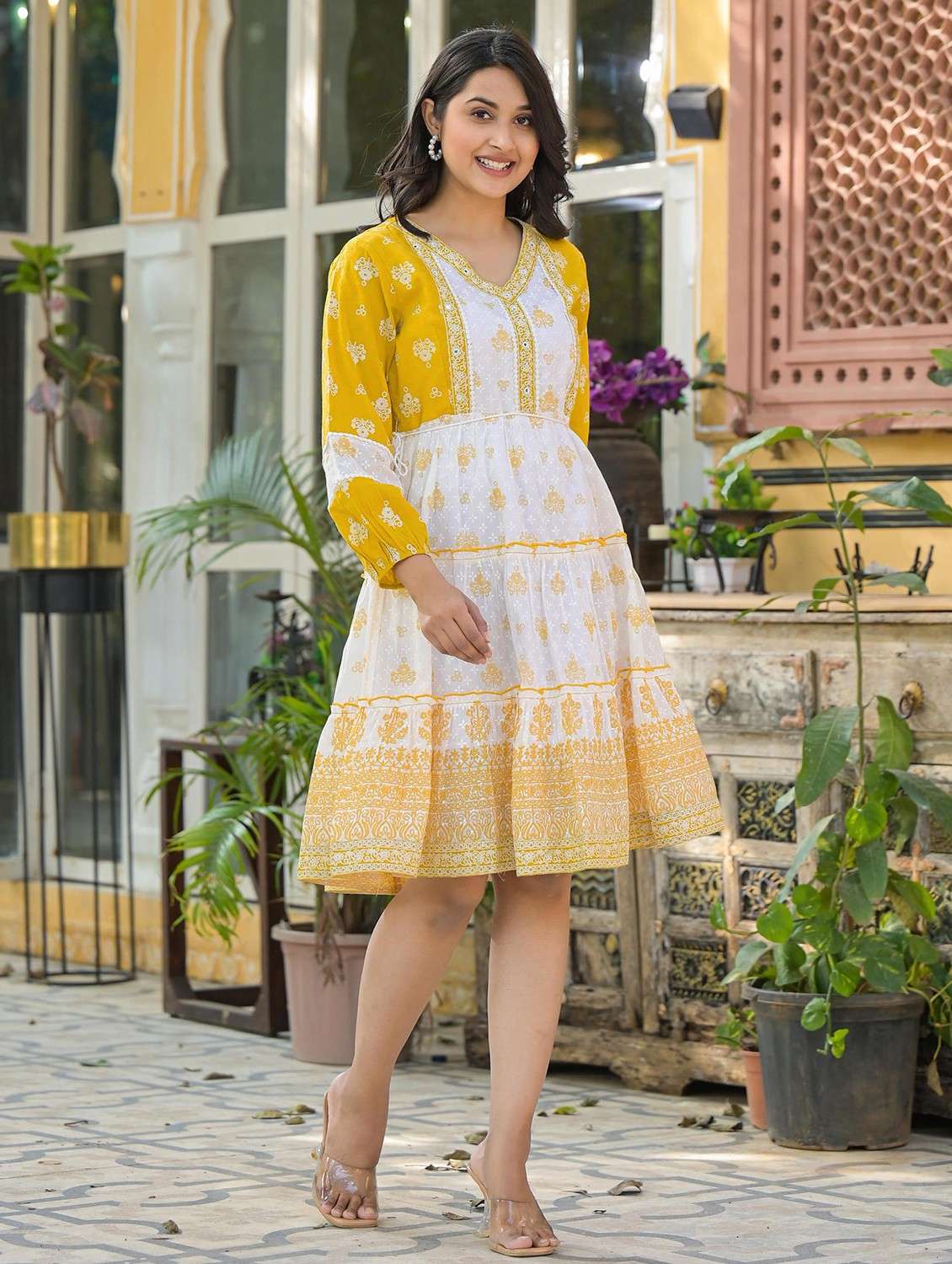 women printed three quarter sleeve tiered kurta - 22014634 -  Standard Image - 1