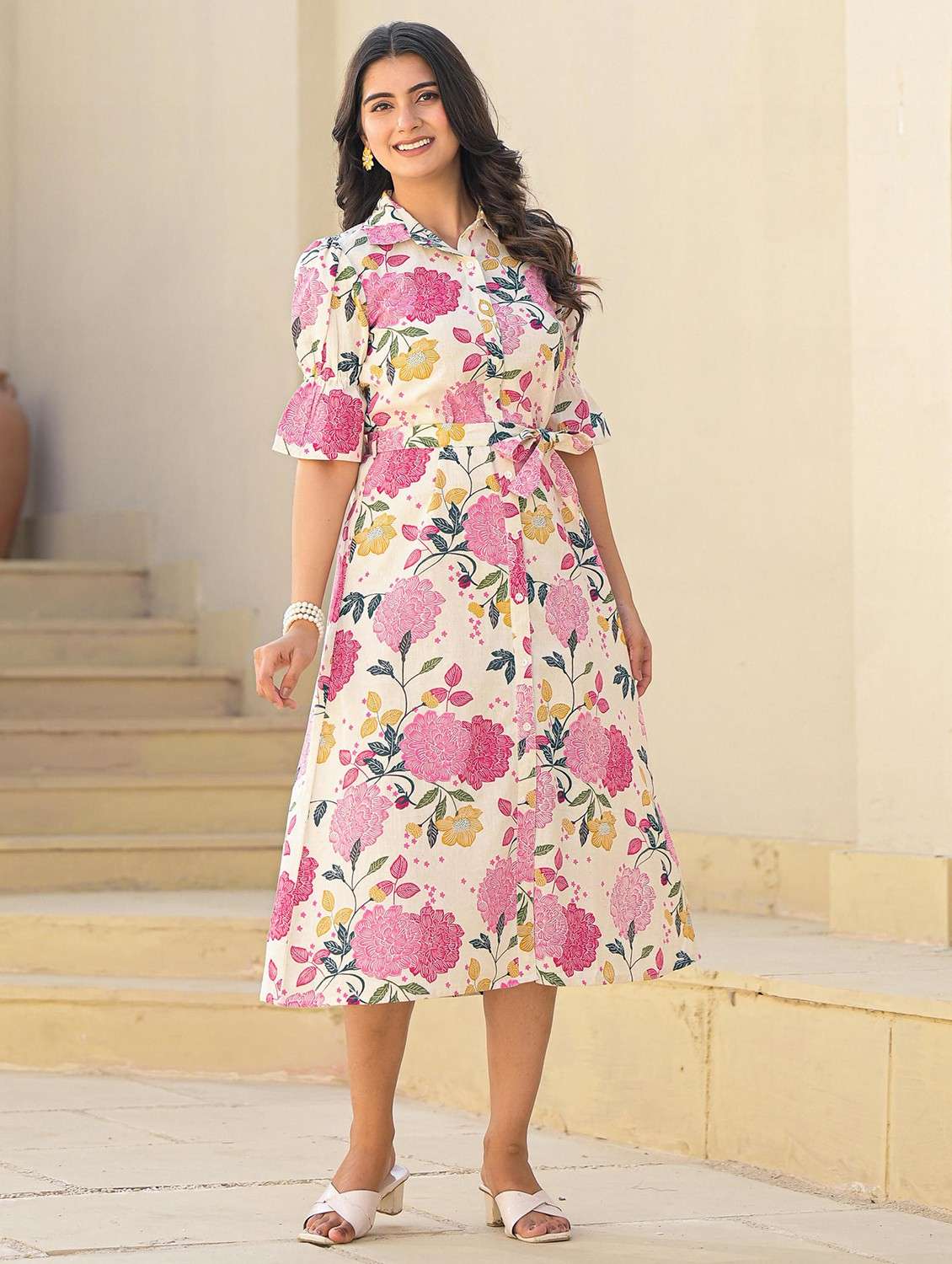 women floral printed puff sleeve a-line ethnic dress - 22014642 -  Standard Image - 1