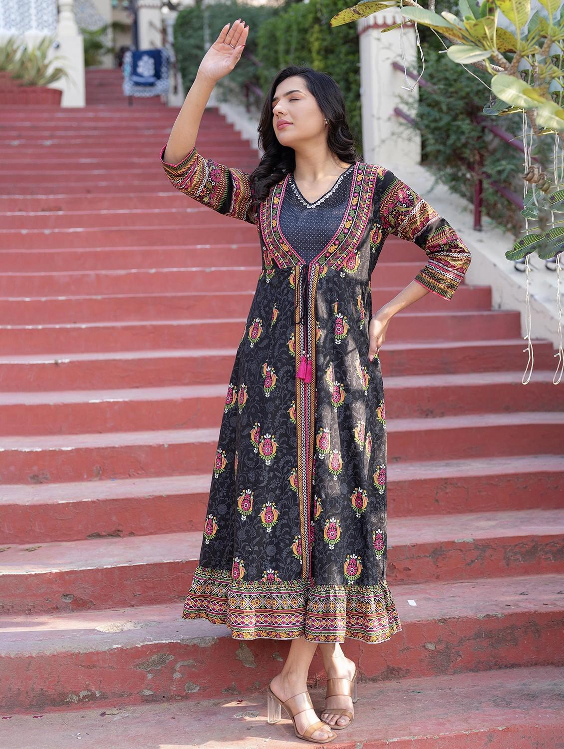 women printed v neck layered ethnic dress - 22014645 - Standard Image - 1