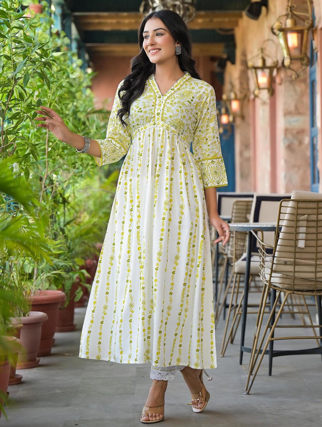 women printed three quarter sleeve a-line kurta - 22014648 -  Standard Image - 1