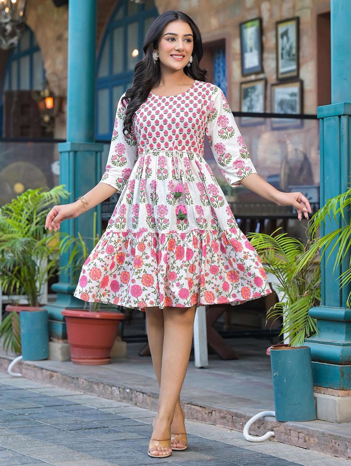 women floral printed round neck tiered ethnic dress - 22014651 -  Standard Image - 1