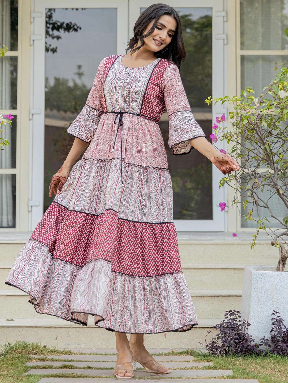 women printed round neck tiered ethnic dress - 22014652 -  Standard Image - 1