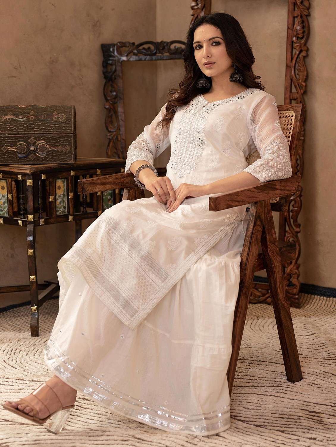 women embroidered three quarter sleeve ethnic dress - 22014660 -  Standard Image - 1