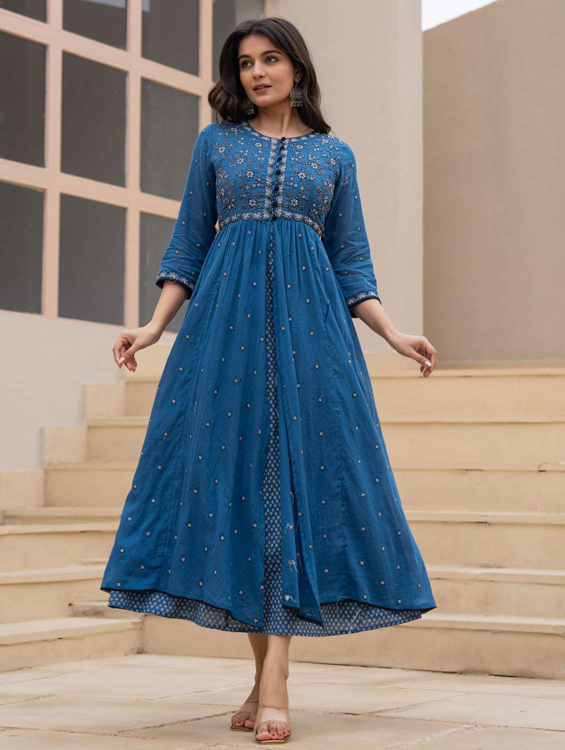 women embroidered three quarter sleeve ethnic dress