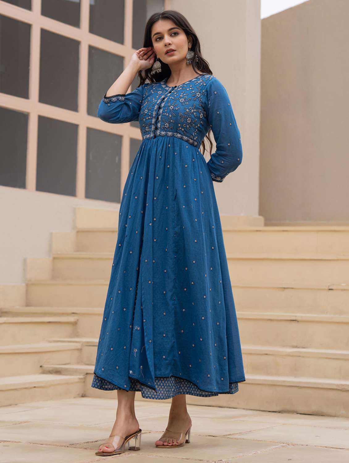 women embroidered three quarter sleeve ethnic dress - 22014664 -  Standard Image - 1