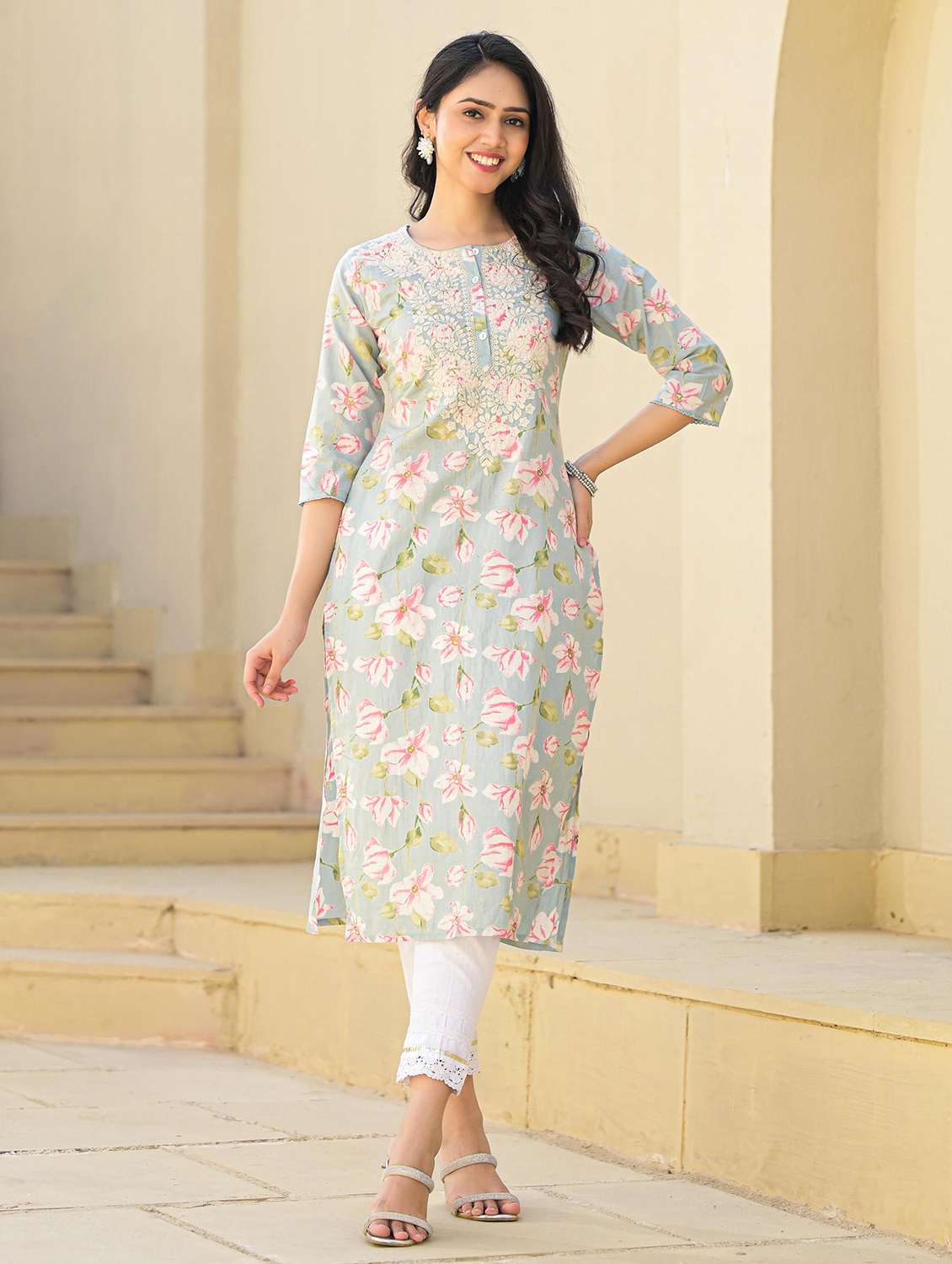 women floral printed three quarter sleeve straight kurta