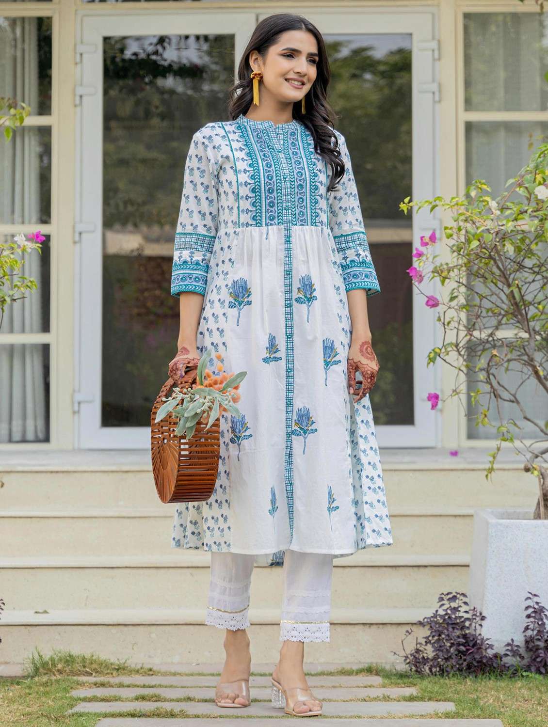 women floral printed three quarter sleeve a-line kurta