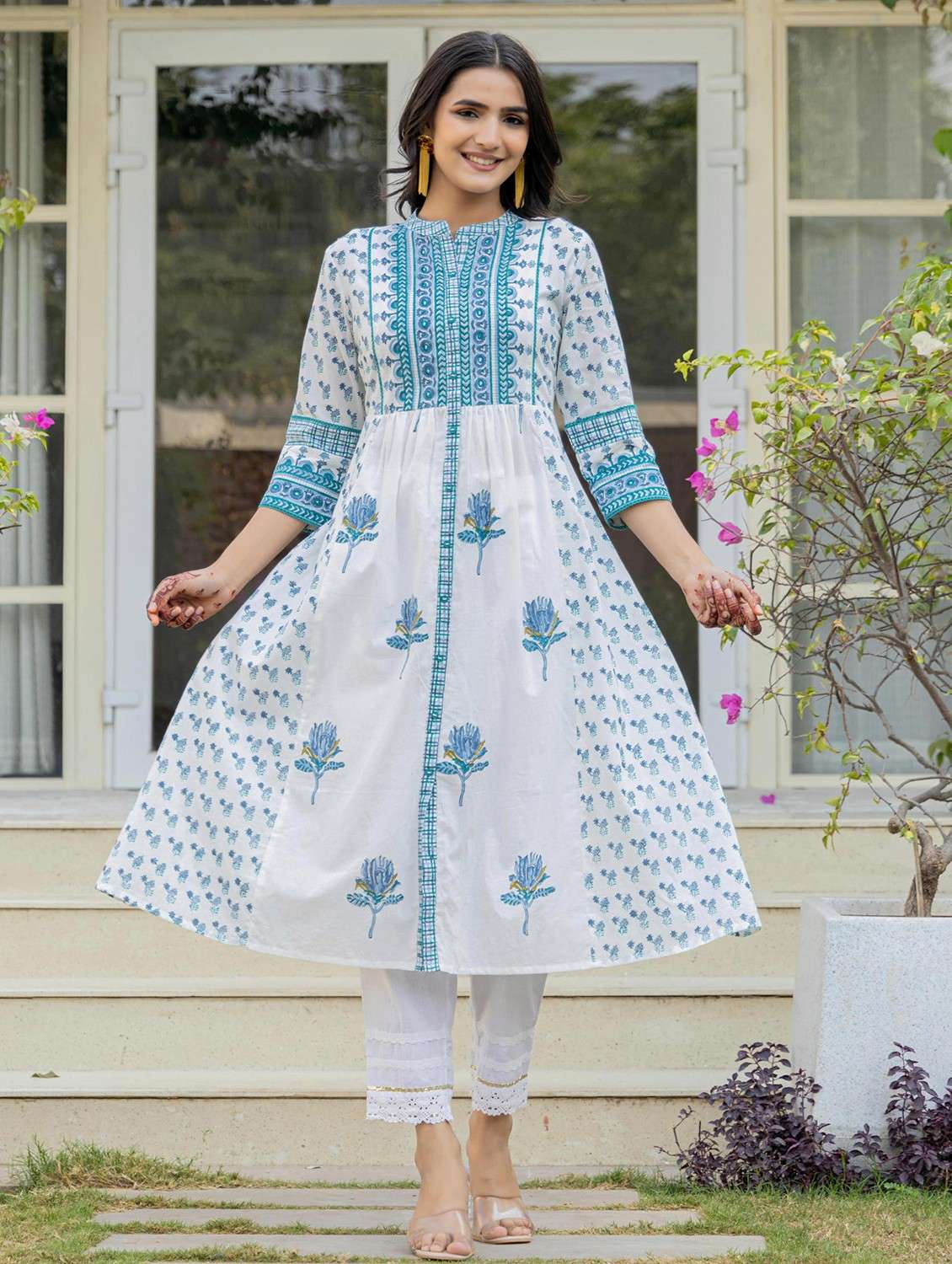 women floral printed three quarter sleeve a-line kurta - 22014667 -  Standard Image - 1