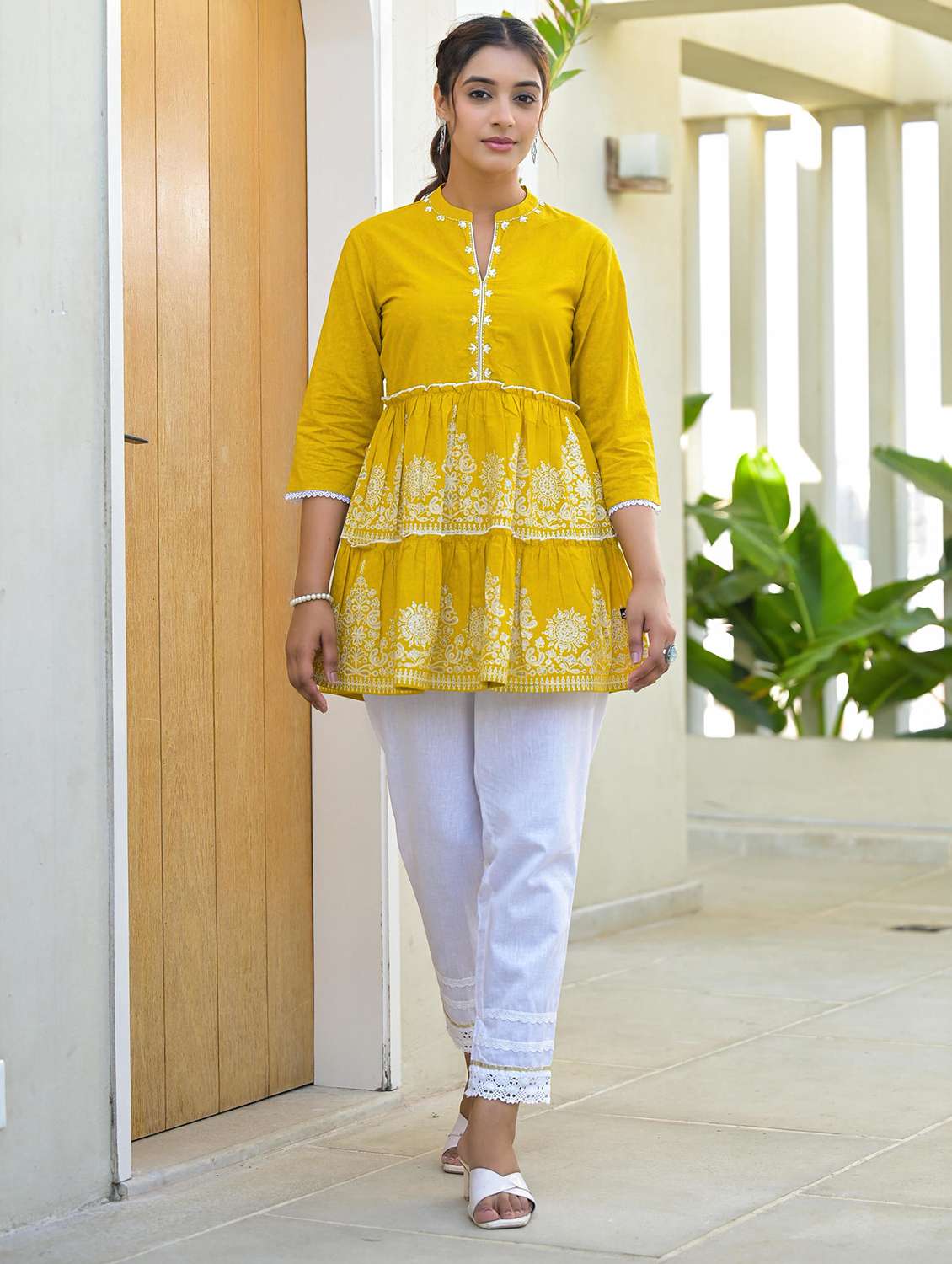 women embroidered three quarter sleeve tiered tunic  - 22014668 -  Standard Image - 1