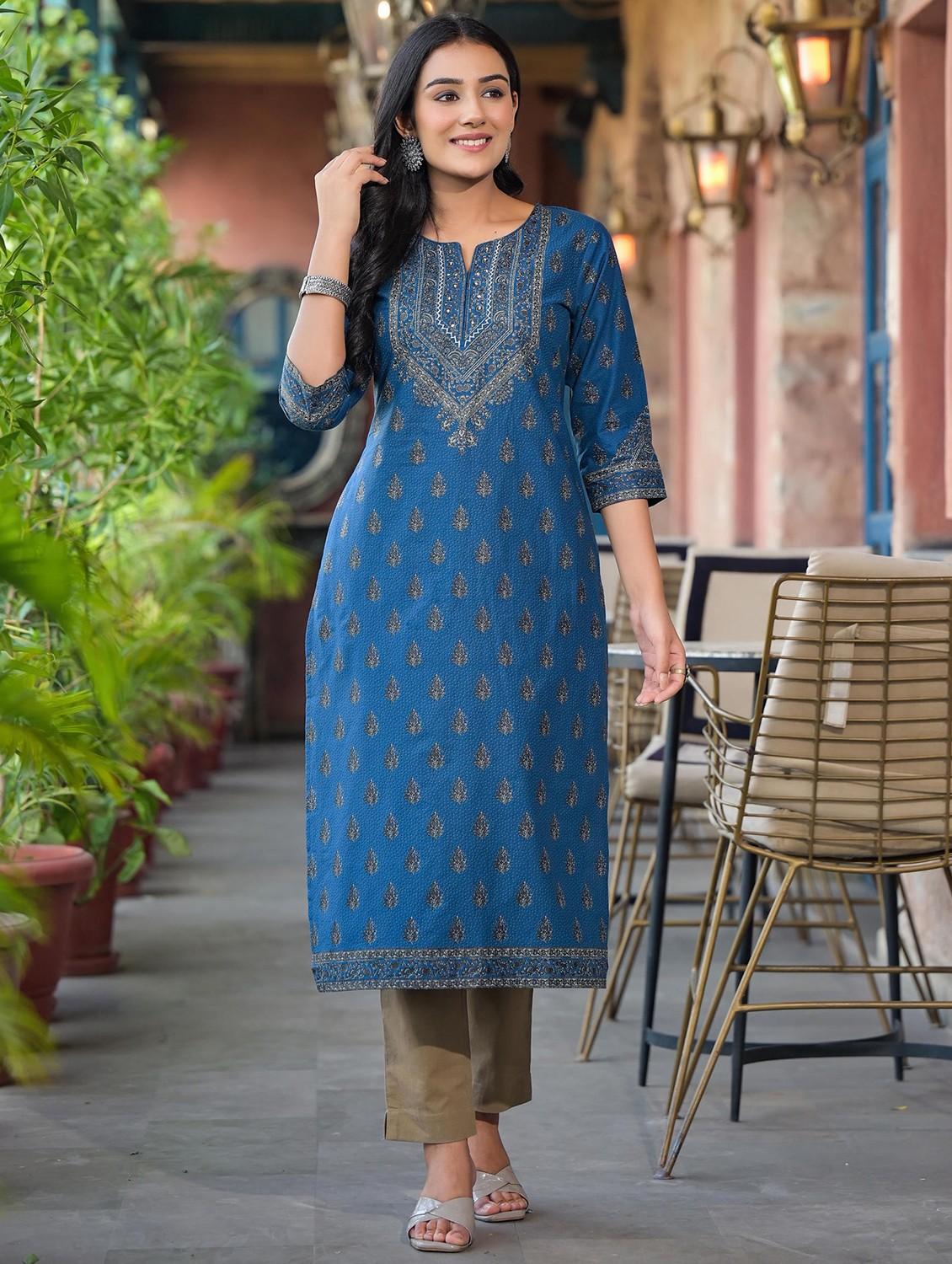 women printed three quarter sleeve straight kurta - 22014679 - Standard Image - 1