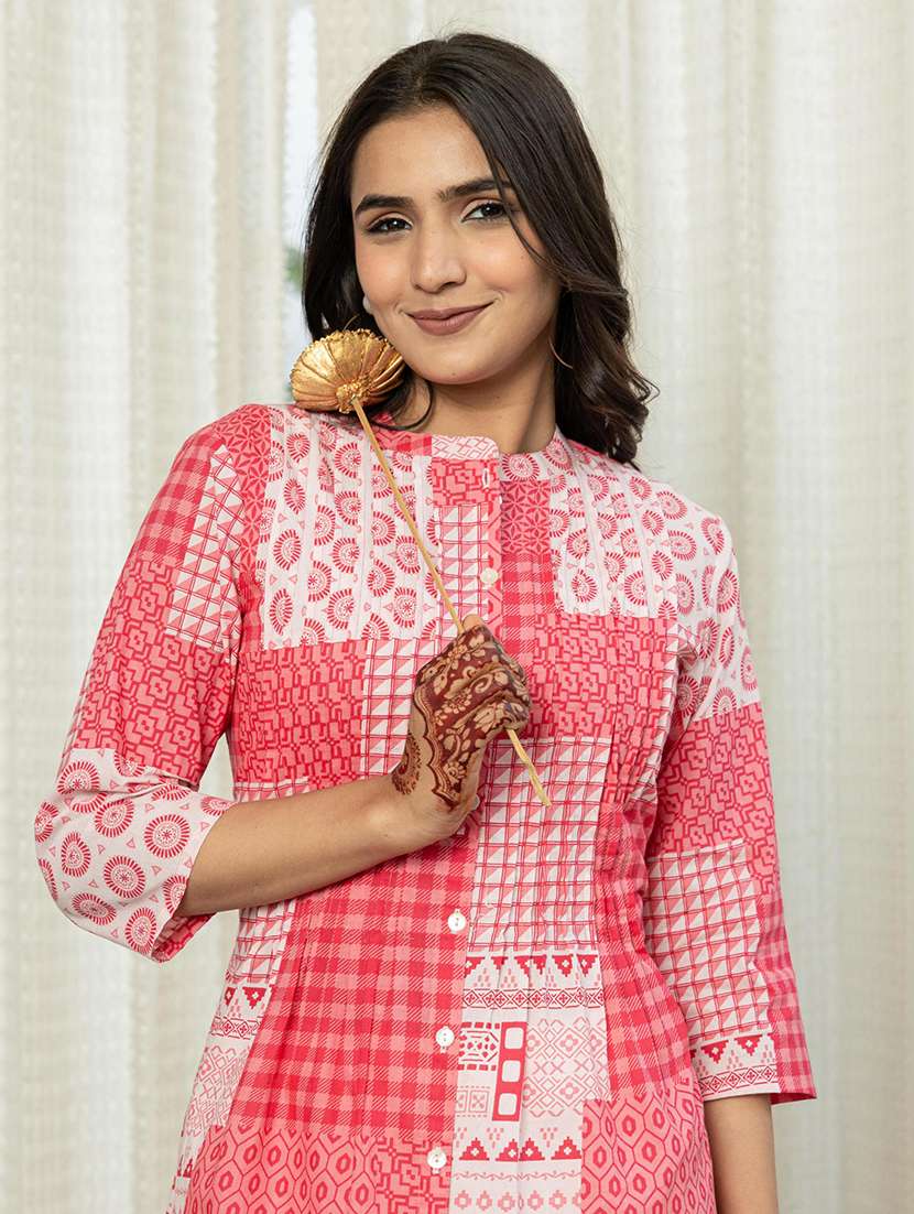 women printed three quarter sleeve a-line kurti - 22014681 -  Standard Image - 1