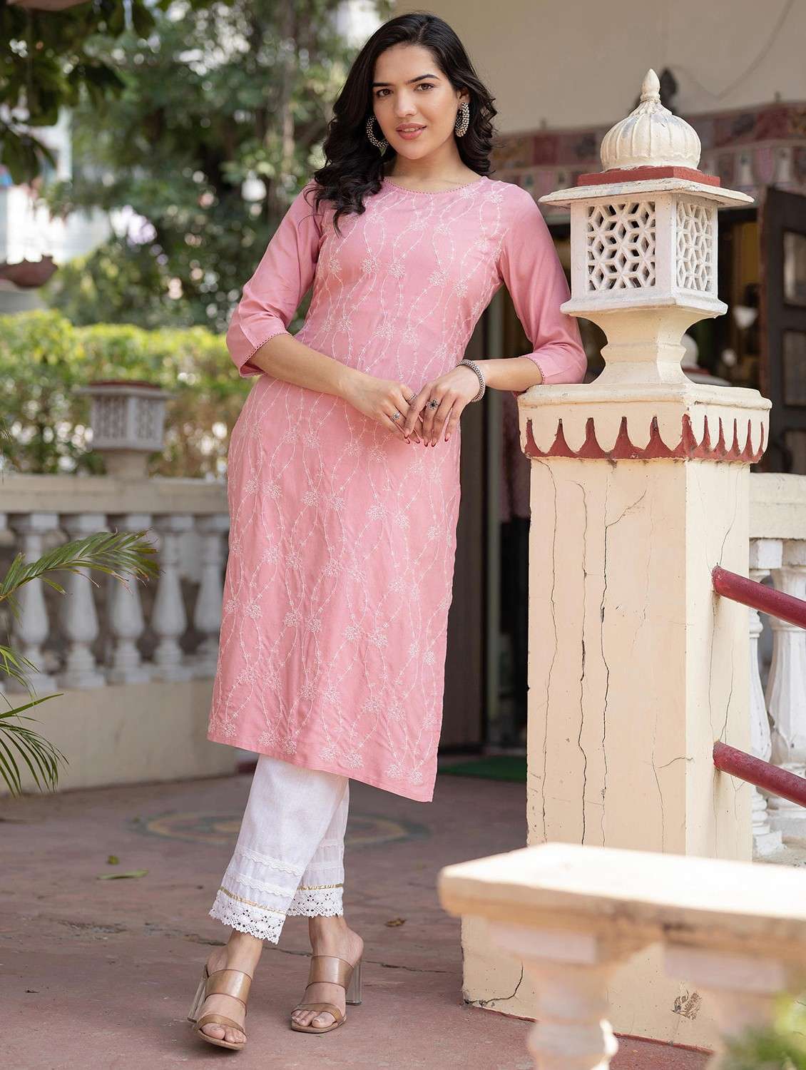 women three quarter sleeve straight kurta - 22014701 -  Standard Image - 1