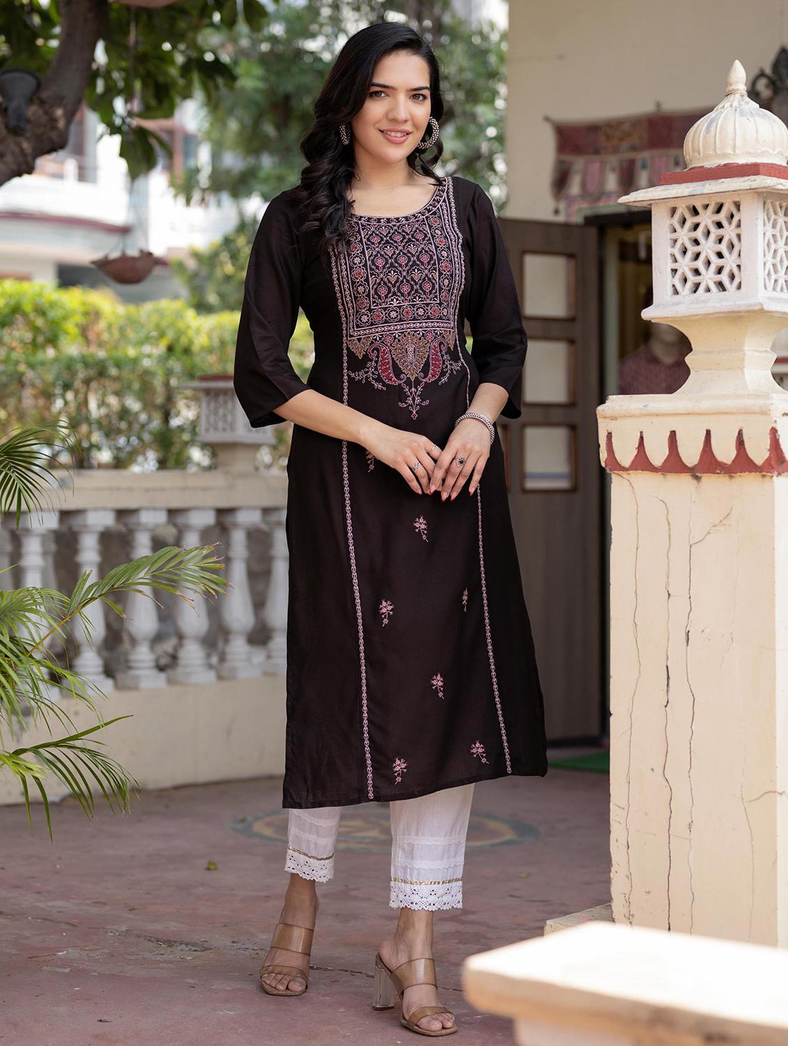 women three quarter sleeve straight kurta - 22014704 - Standard Image - 1