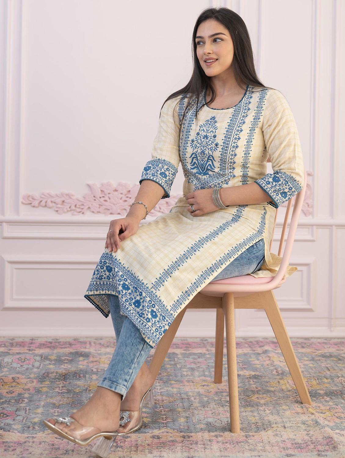 women checkered three quarter sleeve straight kurta - 22014710 - Standard Image - 1