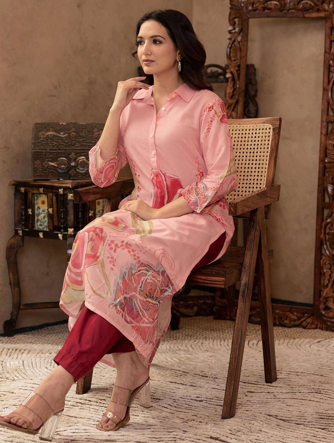 women floral three quarter sleeve straight kurta - 22014713 -  Standard Image - 1