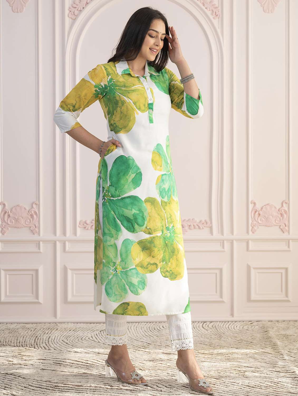 women floral three quarter sleeve straight kurta - 22014716 -  Standard Image - 1