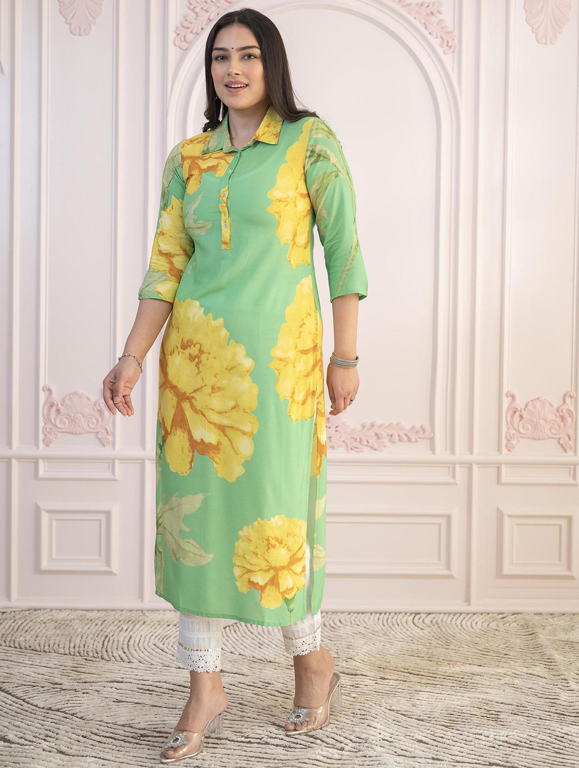 women floral three quarter sleeve straight kurta - 22014717 -  Zoom Image - 0