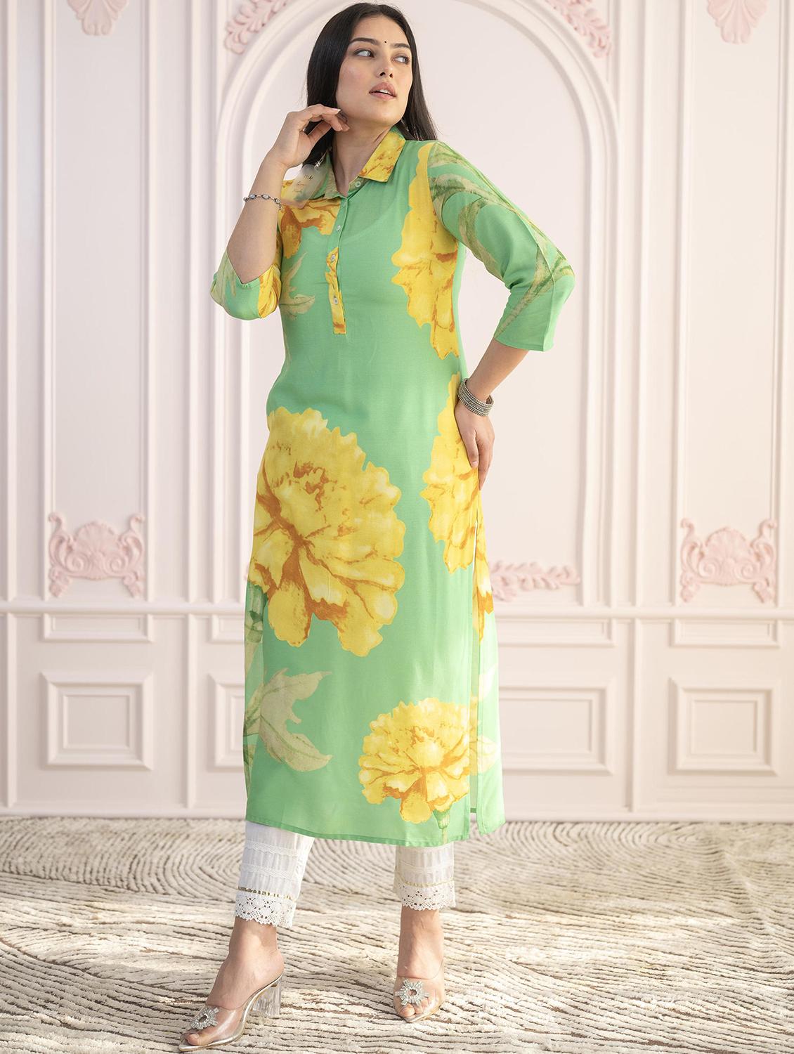 women floral three quarter sleeve straight kurta - 22014717 -  Standard Image - 1