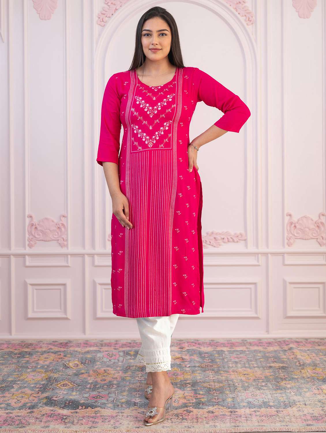 women printed three quarter sleeve straight kurta