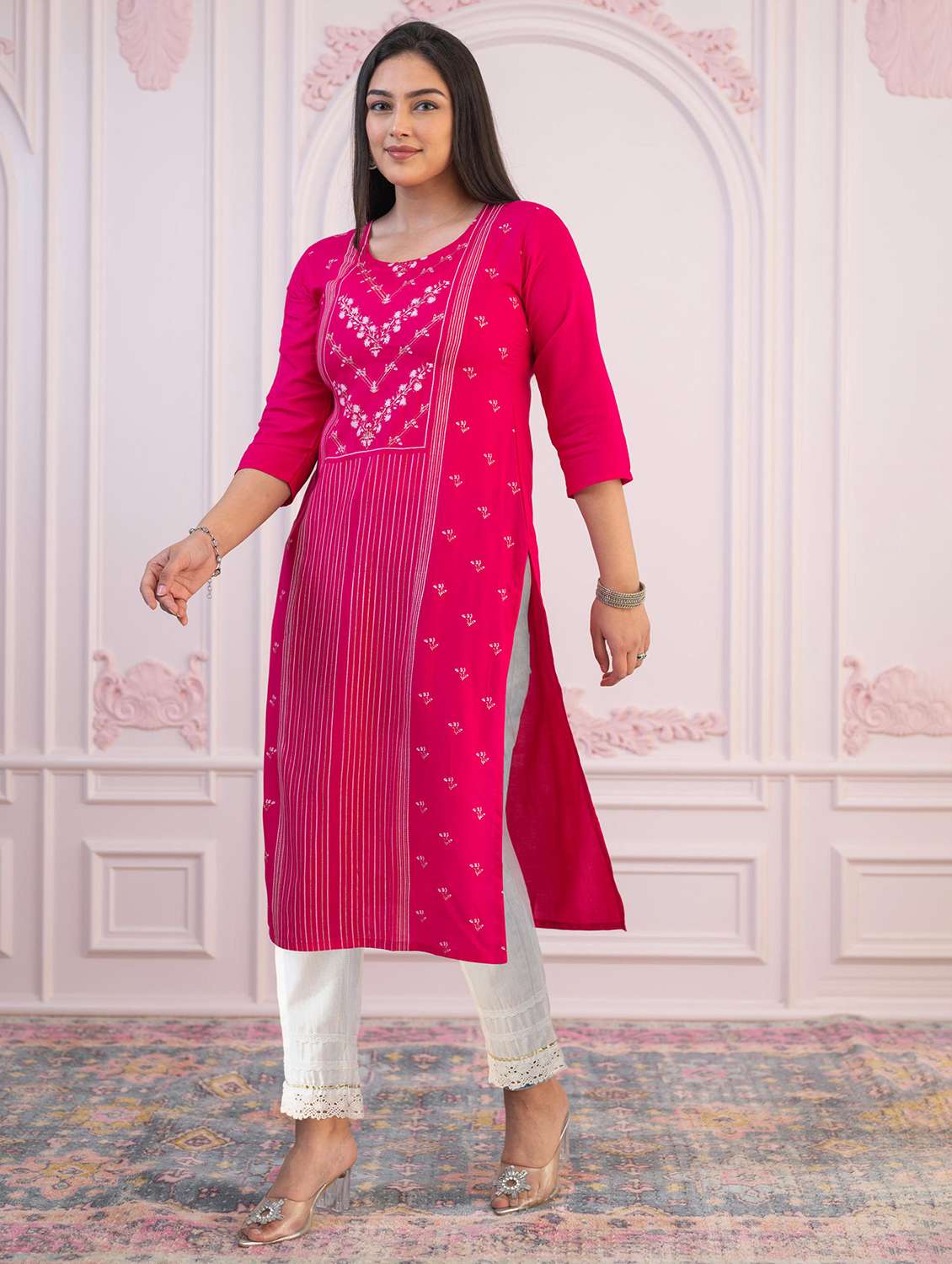 women printed three quarter sleeve straight kurta - 22014719 -  Standard Image - 1